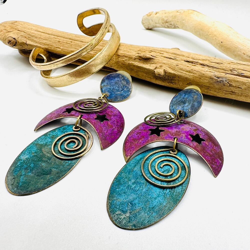 Vintage 1980's Large Metal Colored Artsy Earrings and Cuff Bracelet
